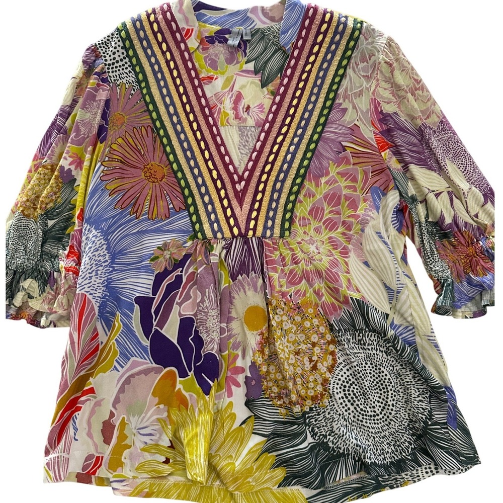 Blank London Viscose Floral Embroidered V-Neck Ruffle Sleeve Blouse XS Boho Chic